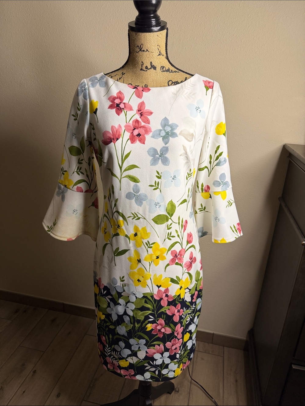 Floral Boatneck Dress in White with Multicolor Blooms